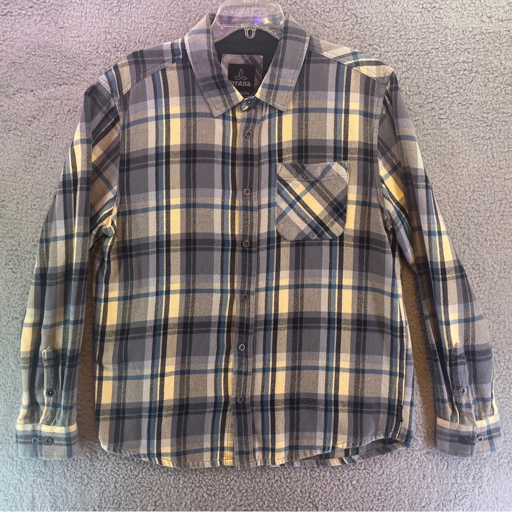 Prana Shirt Mens Large Long Sleeve Button Up Organic Shacket Plaid Flannel